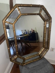 Vintage 1950s Octagon Gold Gilt Faux Bamboo Mirror Hollywood Regency MCM - Picture 1 of 6