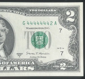 (NEAR SOLID!) $2 UNC Rare Binary 7 In A Row Fancy Serial Number G44444442A - Picture 1 of 3