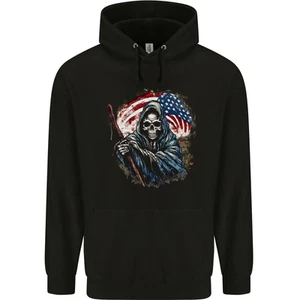 Grim Reaper USA Flag America Skull Childrens Kids Hoodie - Picture 1 of 3