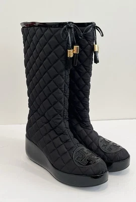 Tory Burch Gigi Nylon Quilted Leather Lined Rain Snow Platform Boots Black 8.5 - Image 1 of 4