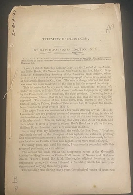 REMINISCENCES by David Parsons Holton MD 1874  New York in the 1830s Astor House - Image 1 of 4