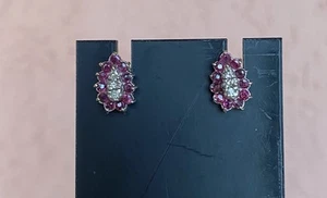Vintage Estate 14k White Gold Diamond Ruby Earrings Gorgeous - Picture 1 of 17