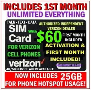 VERIZON SIM with 1ST $60 MONTH (reg $70 ) UNLIMITED T/T/D w/ 25gb HOTSPOT use! - Picture 1 of 6
