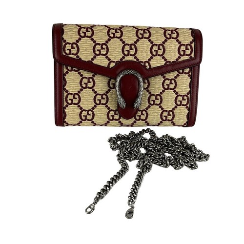 Gucci Mini Portafoglio Donna Incastro GG Supreme Dettaglio Dioniso Beige e Rosso