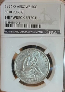 1854-O Arrows SS Republic NGC Shipwreck Effect! Seated Liberty Half Dollar - Picture 1 of 4