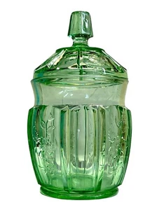 Antique Depression Glass Green Jar With Lid Roses - Picture 1 of 10