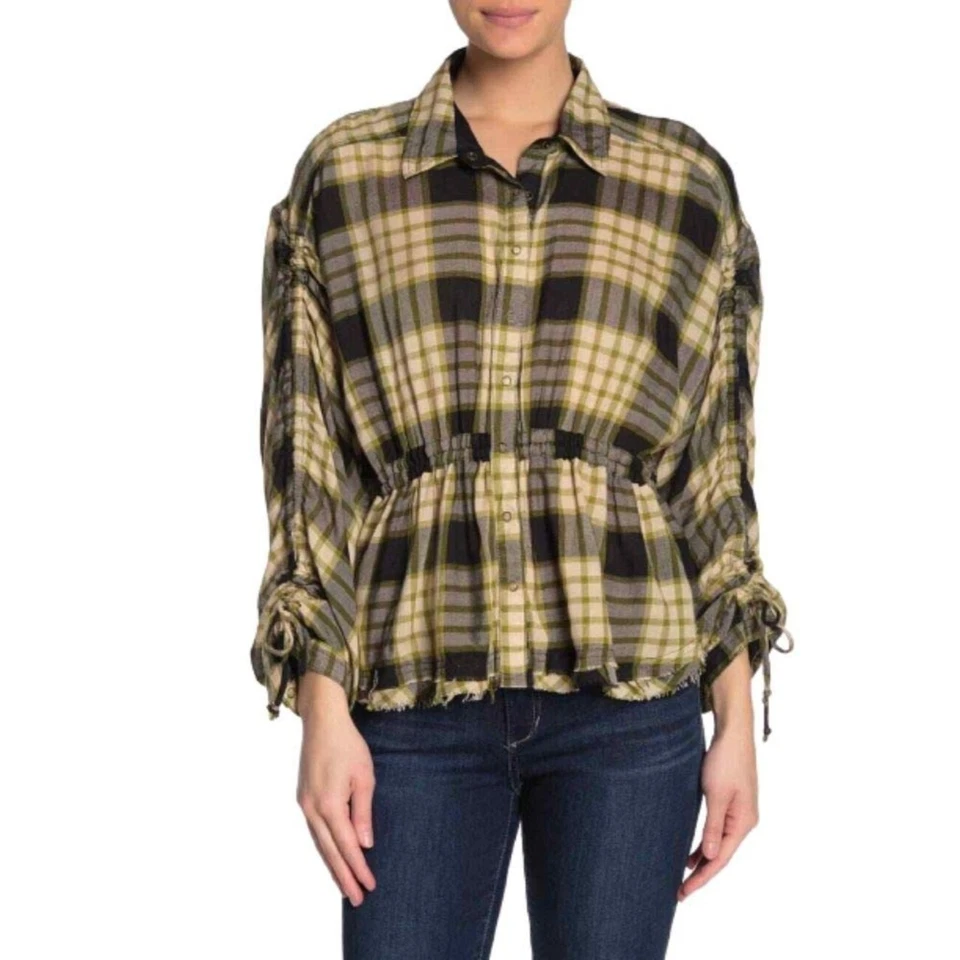 People Top Pacific Dawn Plaid Shirt Black Combo Sz M 414