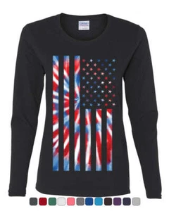 Tie-dye American Flag Women's Long Sleeve Tee 4th of July Stars and - Picture 1 of 8