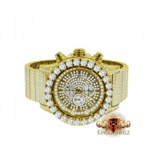 Solid Stainless Steel Yellow Gold Tone Simulated Diamond 10 Row Band Watch 48mm - Picture 1 of 7