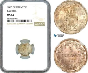 AJ852, Germany, Bavaria, Ludwig II, 3 Kreuzer 1865, Munich Mint, Silver NGC MS64 - Picture 1 of 1