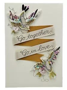 Wedding Card 3D Cutout Fabric/Gold Foil/Bead/Ribbon Birds Hallmark Card NEW - Picture 1 of 24