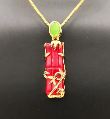 多色玉髓玛瑙玉竹节 18KGP 猫眼吊坠项链 — 第 1/4 张图片