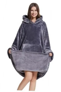 Wearable Blanket Hoodie Women Men, Warm Sherpa Oversized Hooded Blanket Grey 2 - Picture 1 of 6