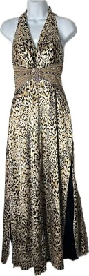 Vestido Largo Scala Y2K Con Cuentas Joyas Halter Espalda Abierta Aberturas Estampado Leopardo Satinado 8 Foto 1 de 4