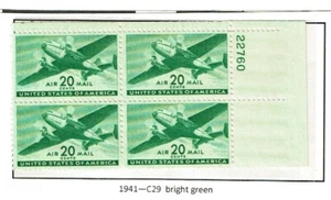 1941-4 U.S. AIRMAIL 20c "Transport" Brt Green Plt#Blk of 4 Sc#C29 M/NH/OG + - Picture 1 of 1