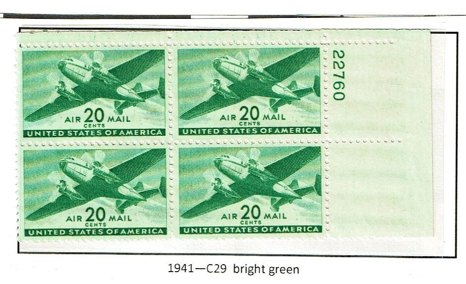 1941-4 U.S. AIRMAIL 20c "Transport" Brt Green  Plt#Blk of 4   Sc#C29 M/NH/OG + - Image 1 of 1