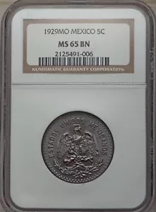 MEXICO ESTADOS UNIDOS 1929 5 CENTAVOS COIN NGC CERTIFIED GEM UNCIRCULATED MS65 - Picture 1 of 2