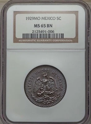 MEXICO ESTADOS UNIDOS  1929  5 CENTAVOS COIN NGC CERTIFIED GEM UNCIRCULATED MS65 - Image 1 of 2