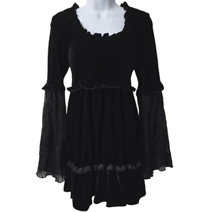 Killstar Prudence Velvet Dress XS Black Lace Flare Sleeve Tie Back Ruffle A-line - Picture 1 of 12