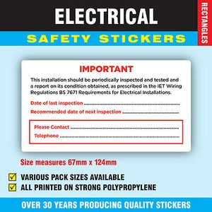 Pack of 50 Inspect BS 7671  Strong Electrical Safety Stickers Labels 67 x 124mm