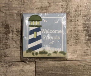 Bouquet & Comp Welcome Friends Lighthouse Square Wood Plaque W2681 New Deadstock - Picture 1 of 23
