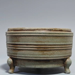 7.5" China Old Antiquated Porcelain Song Ru Kiln Spiral Pattern Three Foot Pot - Picture 1 of 9