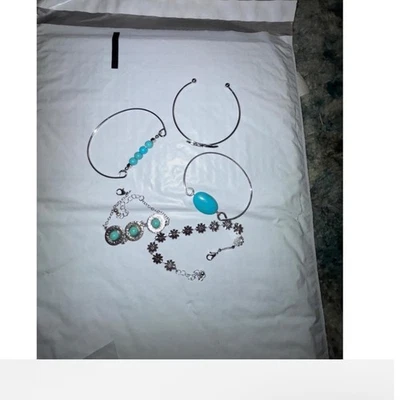 Boho Silver Tone Turquoise Bracelets Necklace Earrings Set Dragonfly Bull Skull - Image 1 of 4