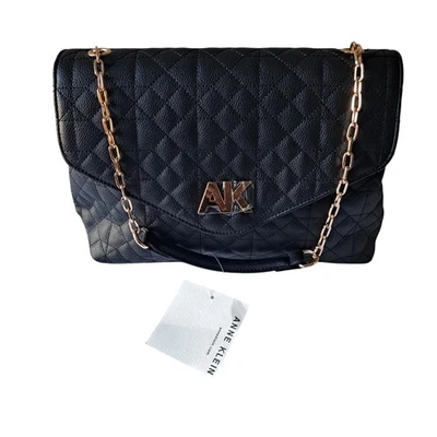 NWT Anne Klein AK Quilted Flap Chain Link Strap Shoulder Bag Black Faux Leather - Image 1 of 4