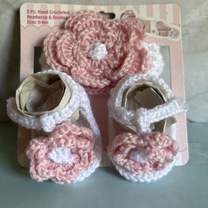 Fascia e sandali neonato all'uncinetto 0-6 m rosa fiore bianco foto op - Foto 1 di 5