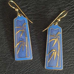 Vintage Isle of Skye Blue Cloisonne Dangle Earrings 10kt Gold Plated Signed 80's - Picture 1 of 8