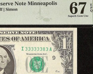 1974 $1 BILL 333333 3 NEAR SOLID SERIAL NUMBER 7 OF A KIND DOLLAR PMG 67 EPQ - Picture 1 of 3