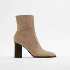 ZARA Beige Suede Heeled Ankle Boots Size 40 Brand New - Picture 1 of 10