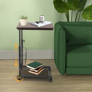 2 Tiers Red Walnut Color Mobile Standalone Adjustable Bed Side Table w/ Wheels - Picture 1 of 17
