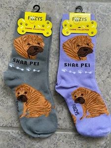 Nuovo 2 PAIA Calzini Shar Pei Dog Breed Crew Donna Taglia 9-11 Foozys Lilla e Grigio - Foto 1 di 1
