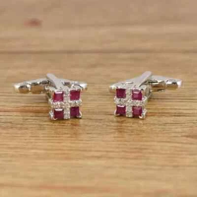 Princess Cut Lab-Created Red Ruby Men's Wedding Cufflinks 14k White Gold Plated - Image 1 of 4