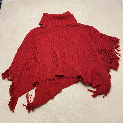 Monsoon Knitted Poncho M/L Women's Red Jumper Cape Chunky Heavy Lambswool Blend - Image 1 of 4