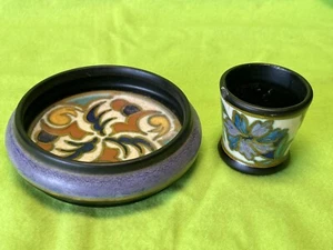 antique Gouda Holland small bowl Ashtray 4” & Match Holder cup 2” Pottery - Picture 1 of 15