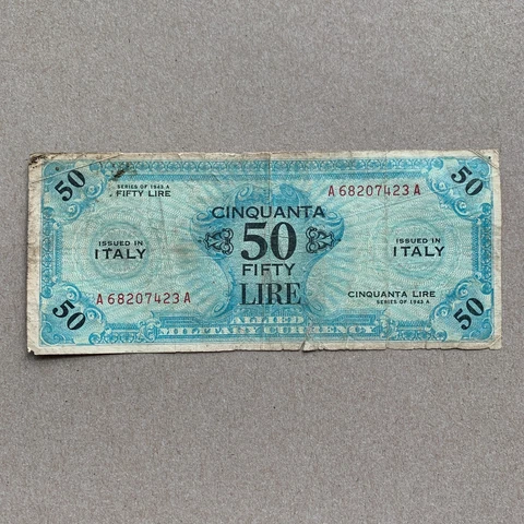 WW2 Italian 50 Lire 1944 Allied Occupation Currency Italy Banknote WWII WW2 Cover