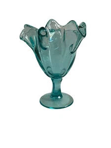 Hand Blown Pinched Aqua Glass Pedistal Dish - Picture 1 of 5