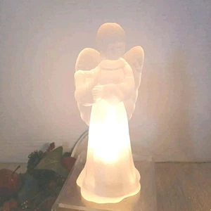 Vintage Light Up Clear Frosted Glass Angel Figurine Holding Harp, 6¾"T Corded - Picture 1 of 12