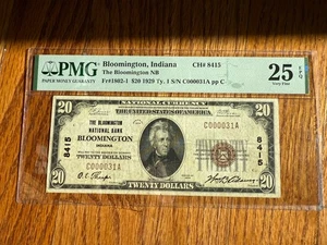 1929 $20 Note National Bank Bloomington, Indiana 8415 Very Fine PMG Scare! - Picture 1 of 2