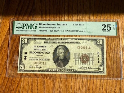 1929 $20 Note National Bank Bloomington, Indiana 8415 Very Fine PMG Scare! - Image 1 of 2