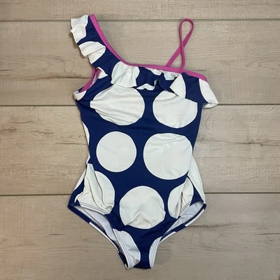 Maiô Boden feminino um ombro babado azul e branco bolinhas peça única - Imagem 1 de 4