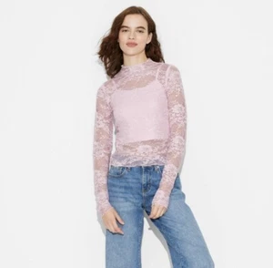 WILD FABLE Damen Mädchen Langarm Spitze Pailletten Top Bluse Hellrosa Größe S Neu mit Etikett - Bild 1 von 7