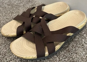 Crocs Edie Stretch Sandals Womens 8 Brown Slides Criss Cross Straps Comfort - Picture 1 of 7