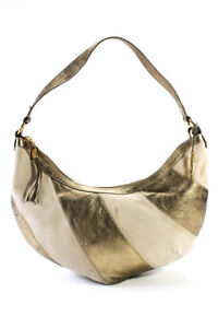 Elliott Lucca Womens Metallic Leather Suede Zip Shoulder Bag Handbag Gold Beige