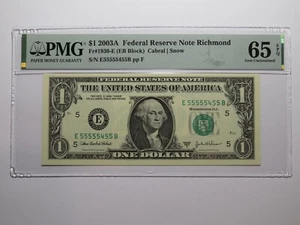 $1 2003 Near Solid Serial Number Federal Reserve Bank Note Bill UNC65 #55555455 - Picture 1 of 4