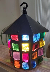 Vintage Multi Colored Leaded Chunky Glass Hanging Swag Pendant Lantern Light! - Picture 1 of 10