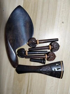 1 Set Ebony Carved Violin Parts 4/4 with Tail Piece Chin Rest Pegs End Pin - Picture 1 of 6