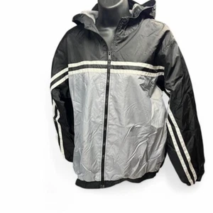 Y2K zip up vintage windbreaker jacket grey & black white stripes Youth large - Picture 1 of 4